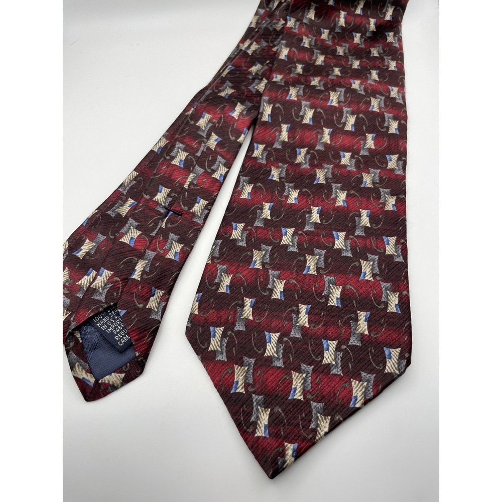 Roundtree & Yorke Mens Silk Tie Burgundy Grey Blue Geometric Abstract Handmade